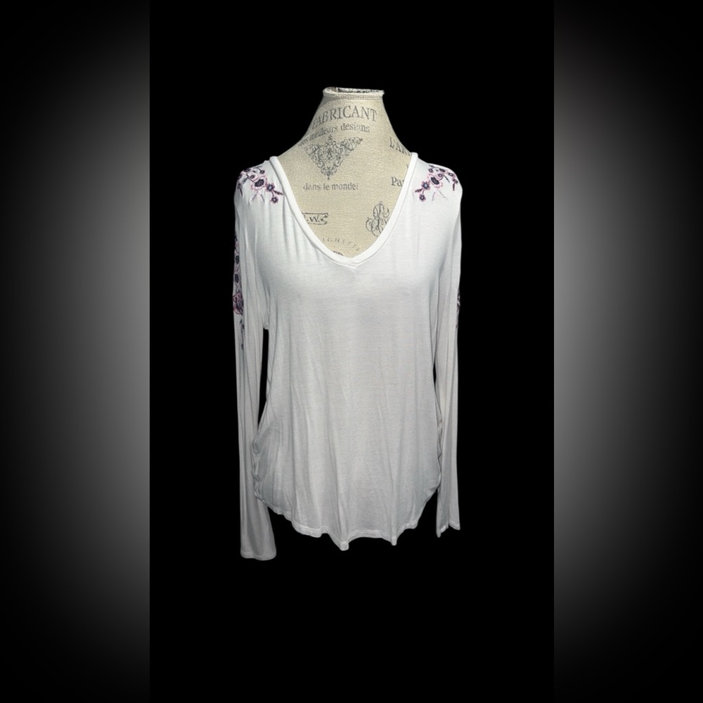 White and Purple Embroidered Long Sleeve Top